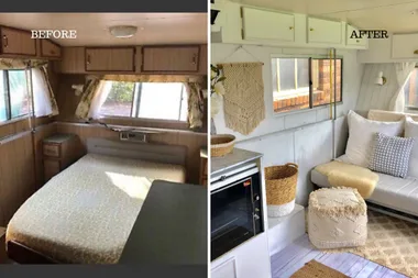 "Camper interior before and after makeover; from dark wood finish to bright, modern decor with white and beige accents."