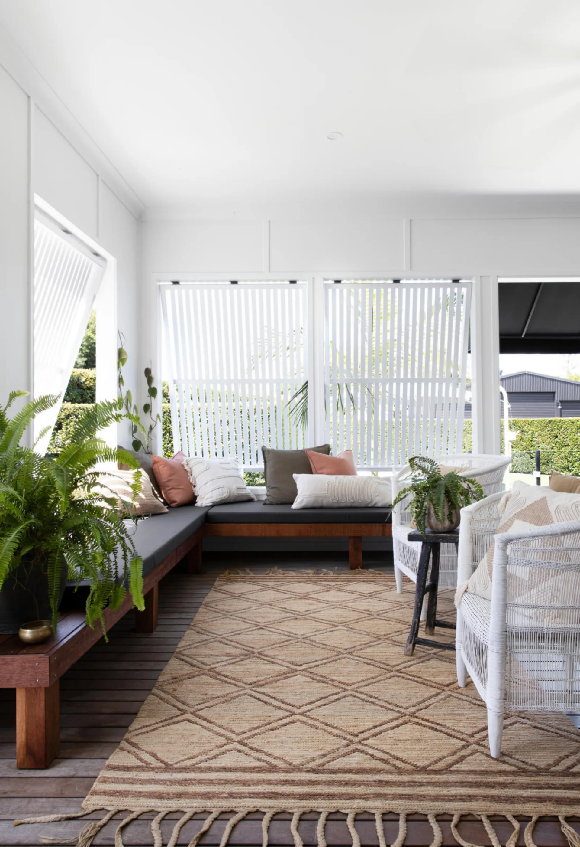 Blinds in an outdoor room. 