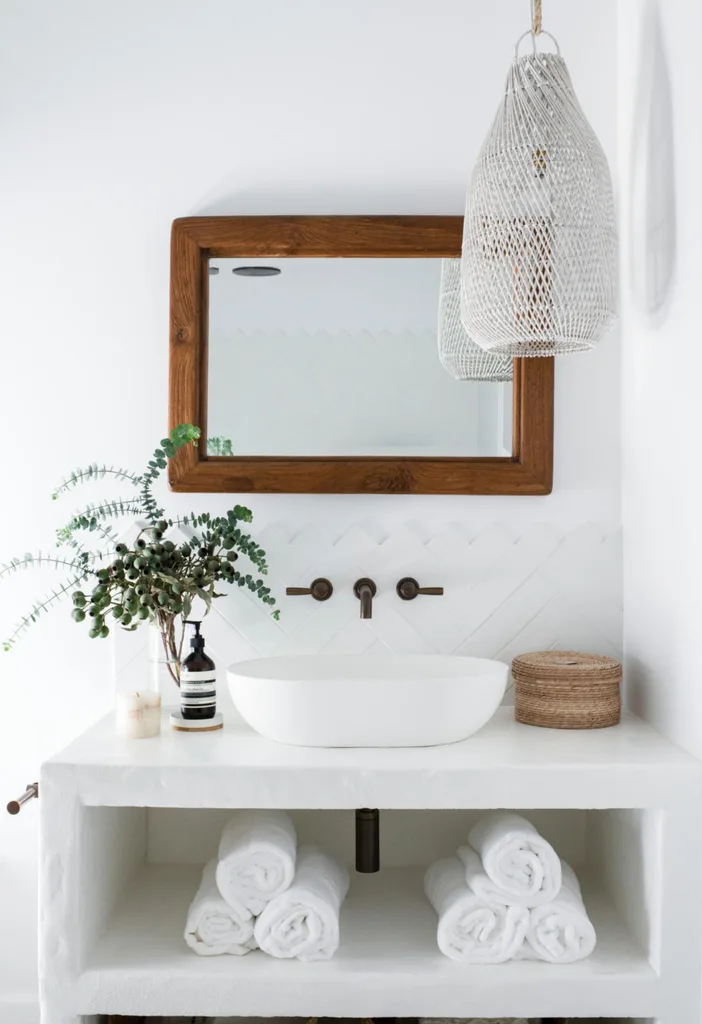 White bathroom with wooden elements
