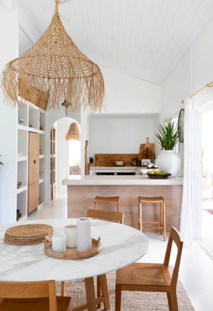 Coastal kitchen with timber accents and natural woven pendant light