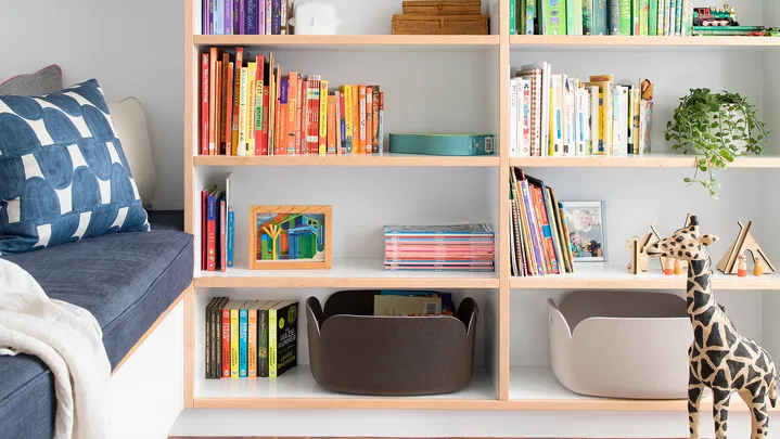 Colourful kids room bookcase with plants on shelves