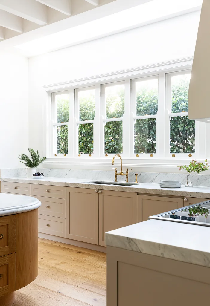 A bank of sing-hung sahs windows above a kitchen sink and marble benchtop