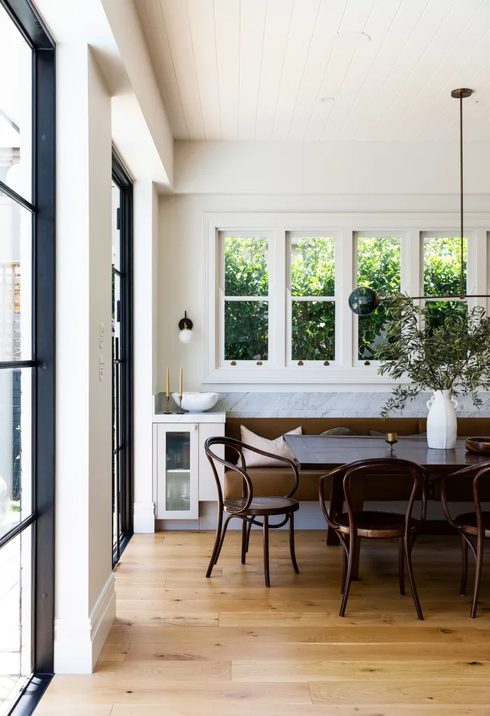 Brown leather banquette seating