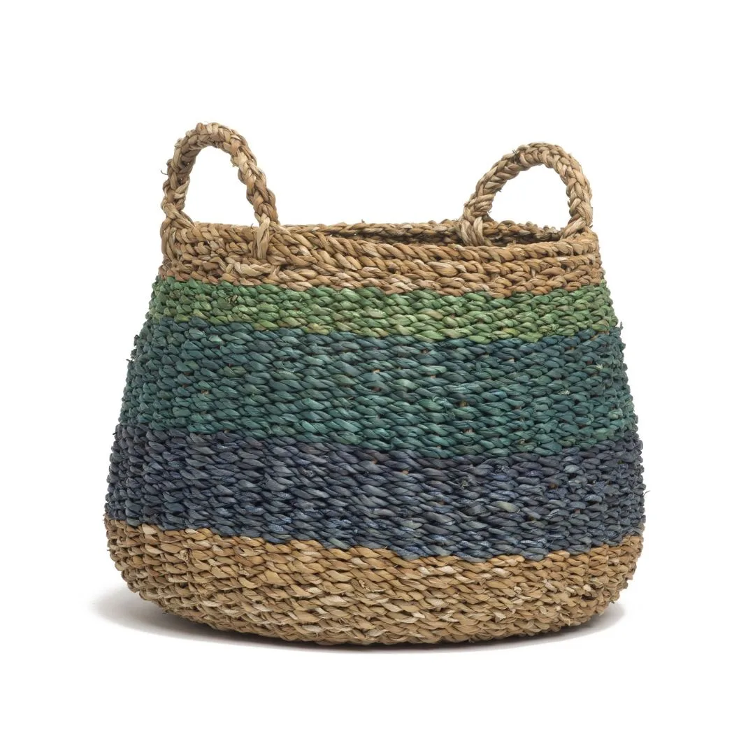 A rattan basket with green stripes