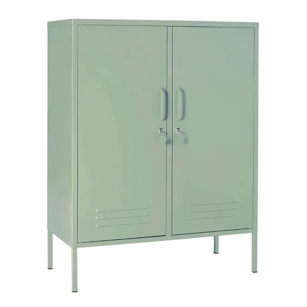 a sage green metal locker style storage cupboard for a rental