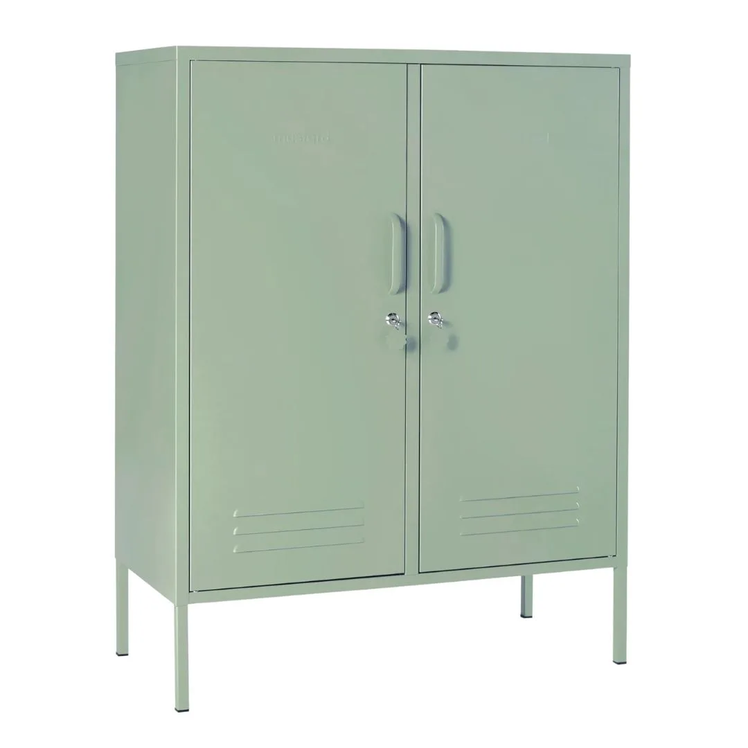 a sage green metal locker style storage cupboard for a rental