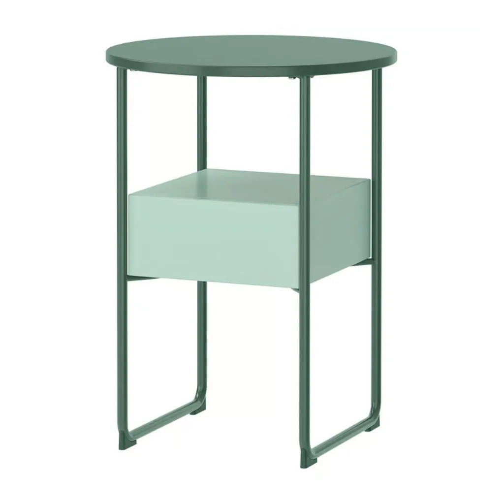 A green, two-tone bedside table with a storage drawer