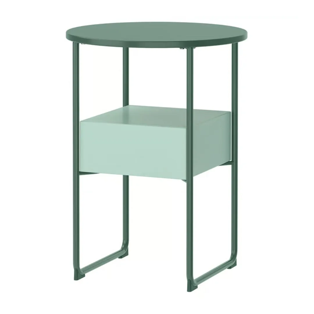 A green, two-tone bedside table with a storage drawer