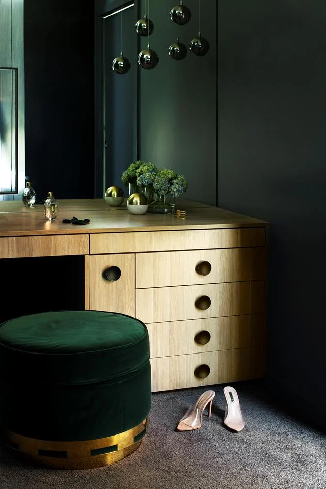 Green and timber wardrobe dressing table