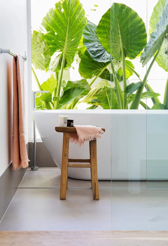 Modern bathroom with large green plants outside, a wooden stool, towel, and candle beside a white bathtub.