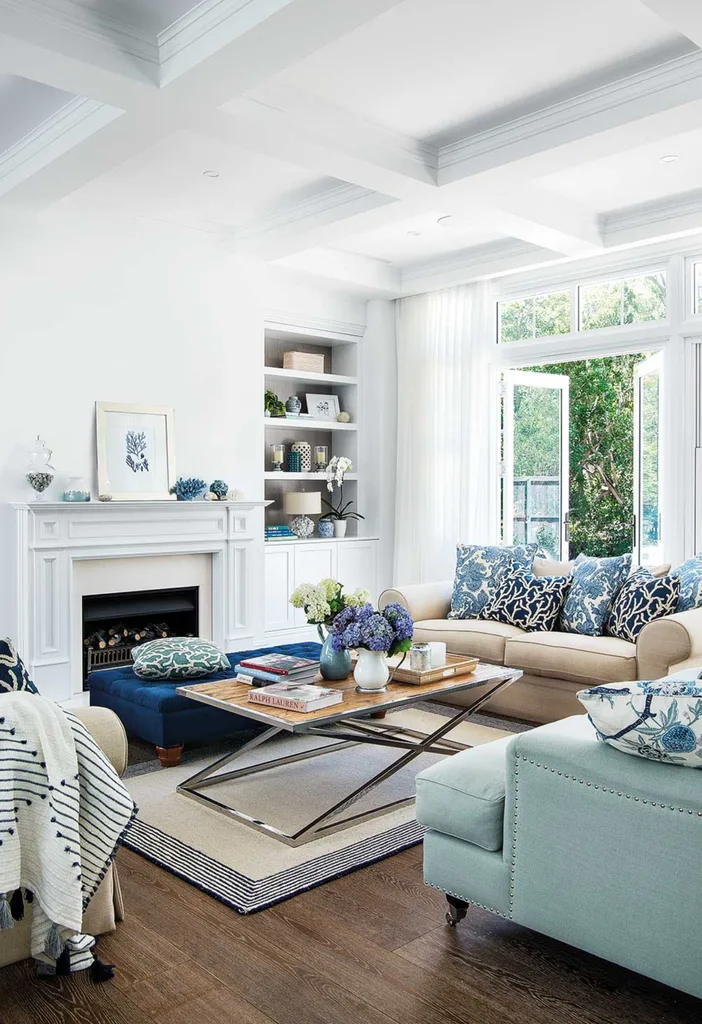 Hamptons style living room with coffered ceiling.