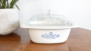 Vintage Corningware casserole dish featuring the Cornflower pattern.