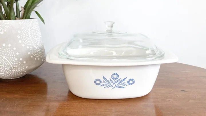 Vintage Corningware casserole dish featuring the Cornflower pattern.