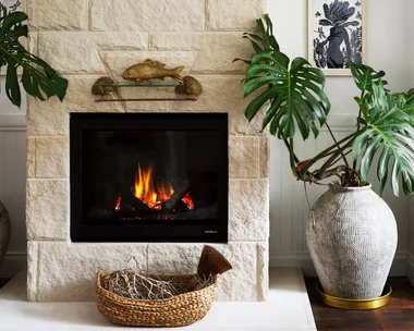 Stone fireplace with a burning fire, decorative fish artwork above, and potted plants on each side.