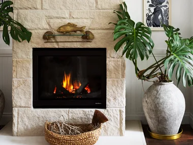 Stone fireplace with a burning fire, decorative fish artwork above, and potted plants on each side.