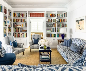 Blue and white Hamptons living room