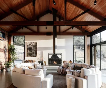 Modern country barn house living room fireplace