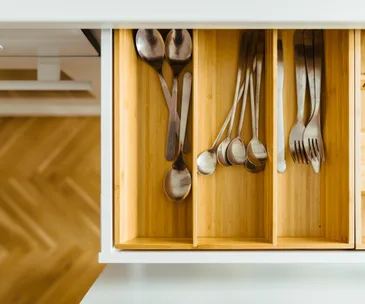 Overhead shot of cutlery drawer and cutlery