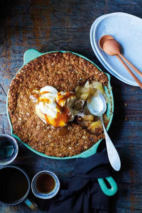 brown butter apple and Anzac biscuit-inspired crisp