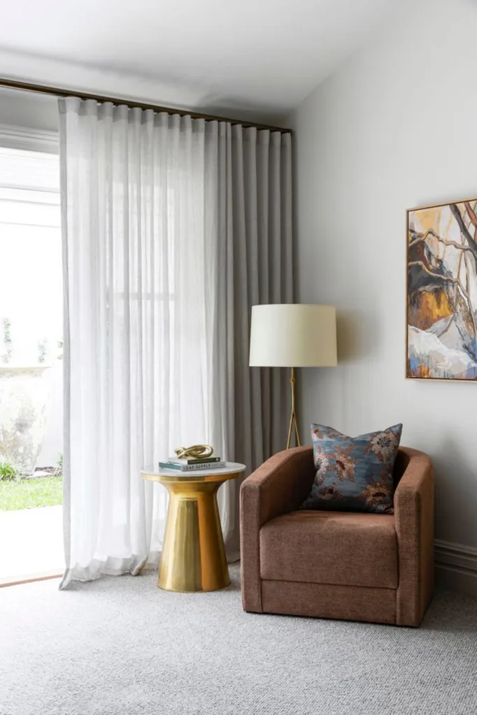 Bedroom furniture including an occasional chair, gold side table and floor lamp, buy it for life