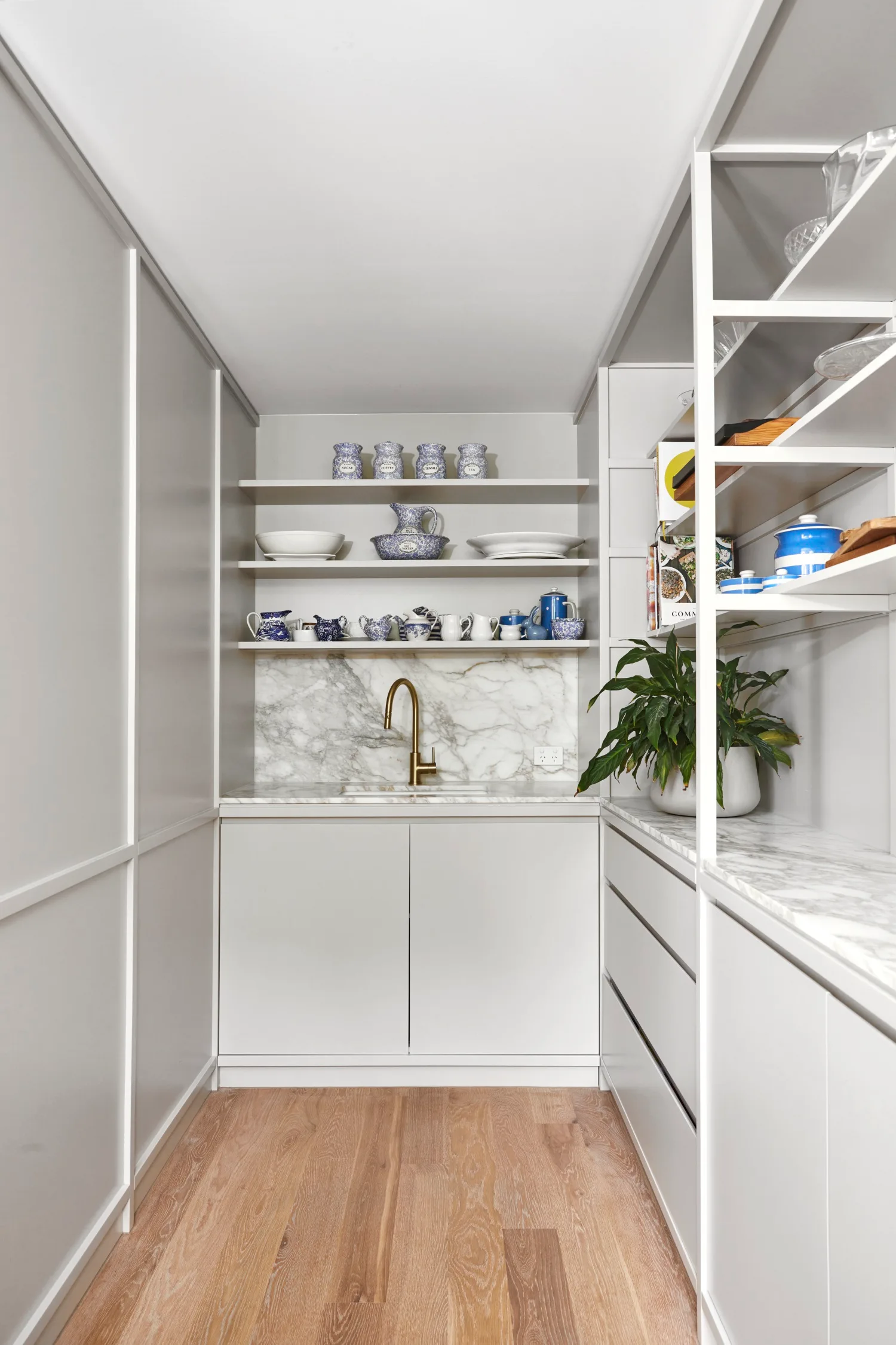 butlers pantry with grey cabinets