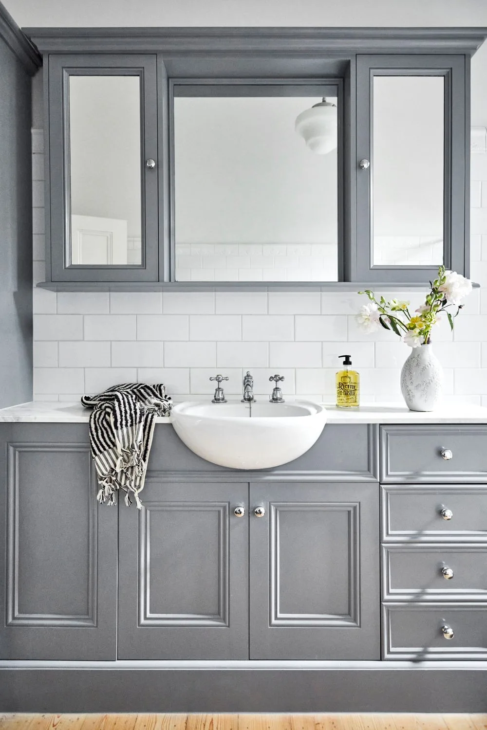 bathroom with grey cabinetry
