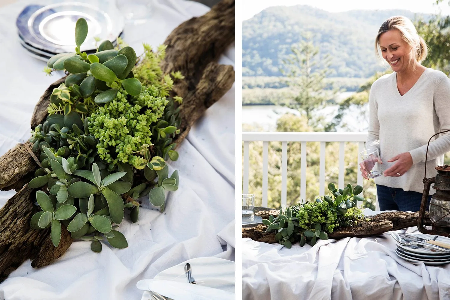 A woman sets a table with a succulent centerpiece on driftwood outdoors, with a scenic view in the background.