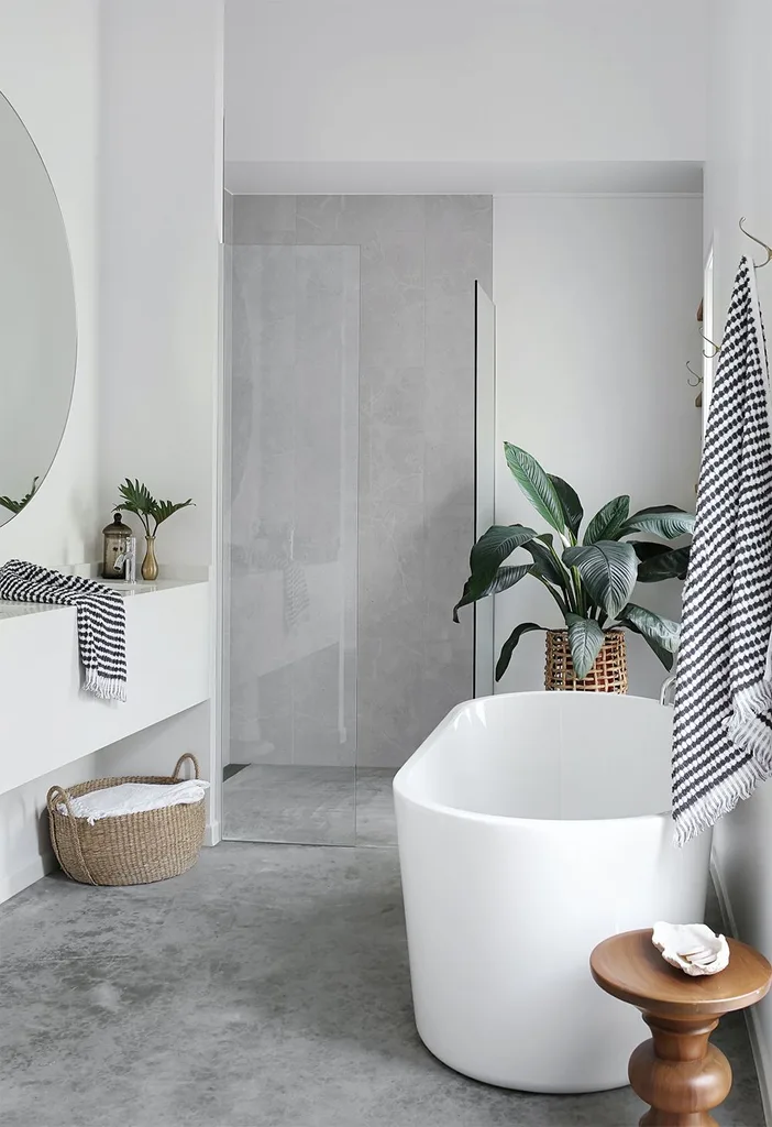 White and grey coastal bathroom with Turkish cotton bath towel hanging on a hook