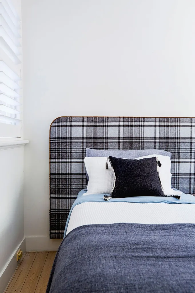 apartment bedroom checkered headboard