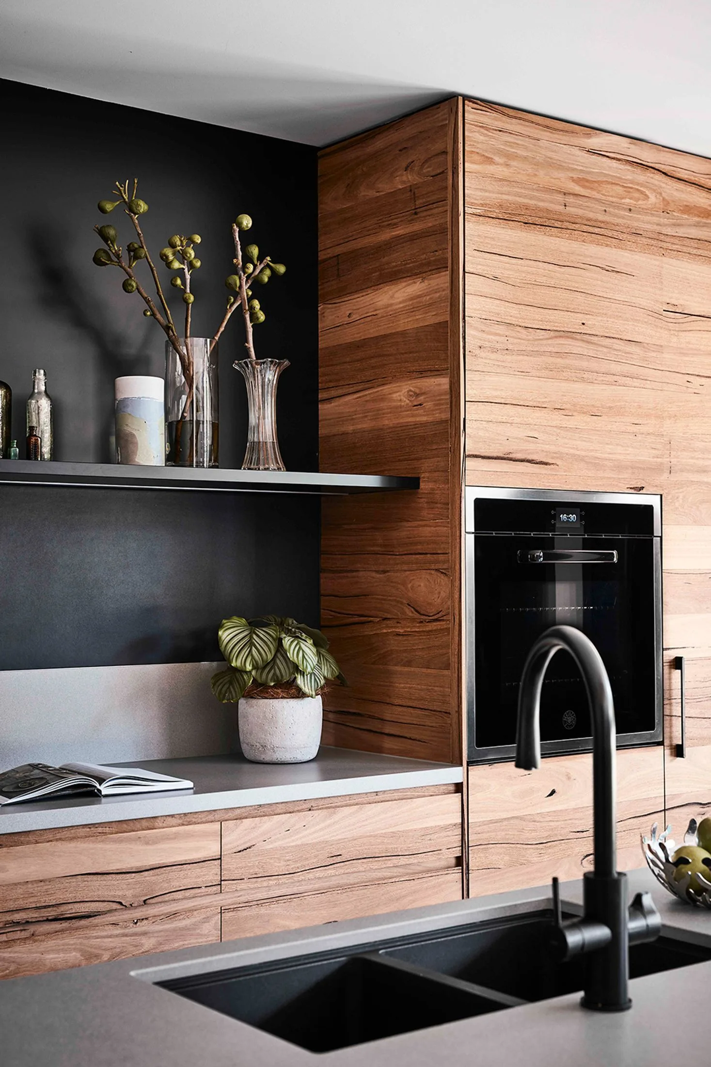 Timber and black kitchen with black inset sink