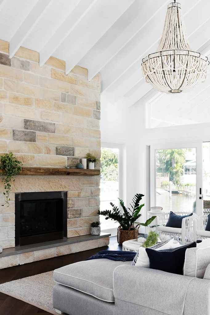 Stone fireplace Gold Coast coastal home