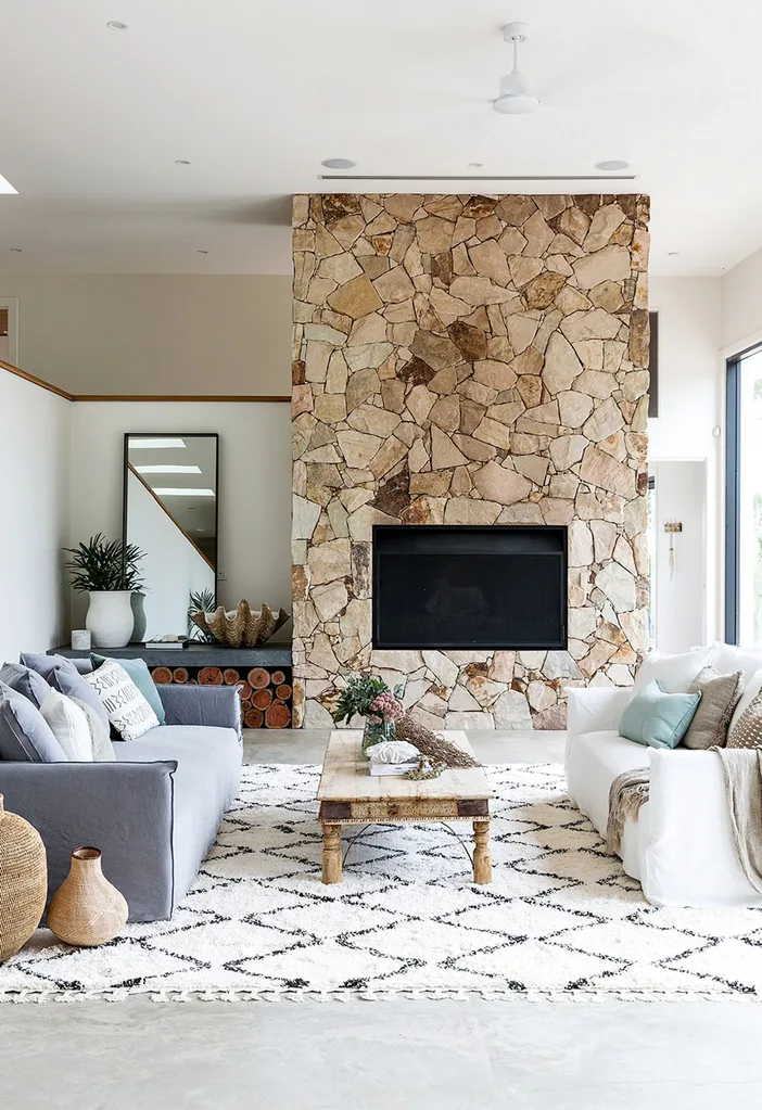 Cosy living room with stone fireplace