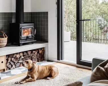 Nectre fireplace with concrete ledge and firewood storage