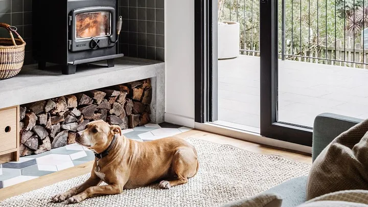 Nectre fireplace with concrete ledge and firewood storage