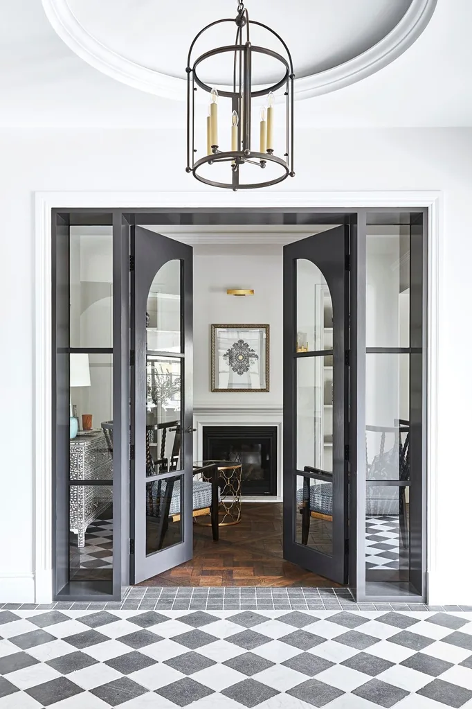 Grey french doors and chequered floors