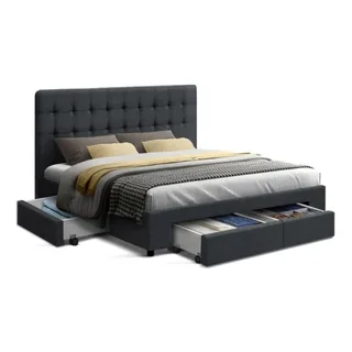 Artiss double size fabric bed frame headboard with drawers in Charcoal