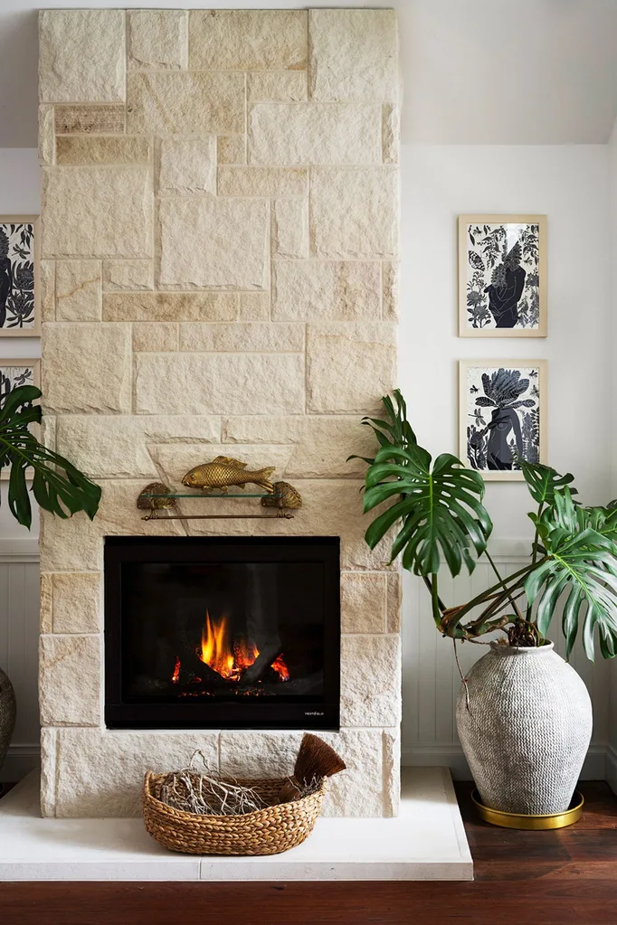 Gas fireplace with stone surround