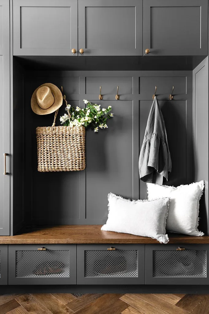 Grey Hamptons style mud room