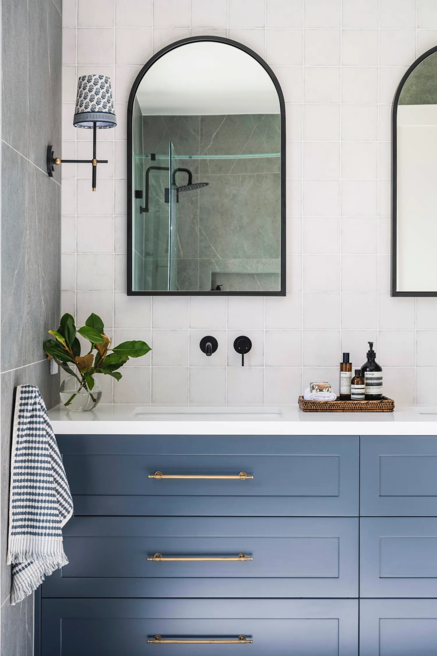 modern farmhouse main ensuite with blue vanity