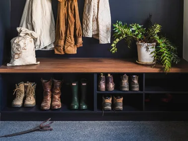 modern farmhouse entryway with shoe storage