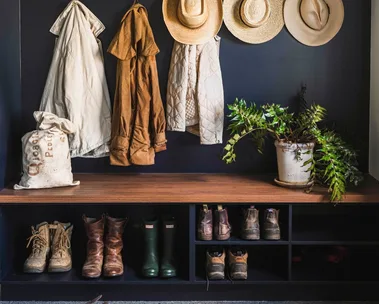 modern farmhouse entryway with shoe storage
