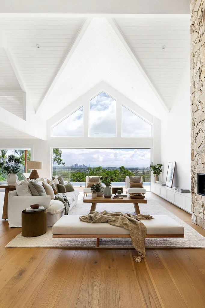 Coastal Hamptons style living room with high ceilings