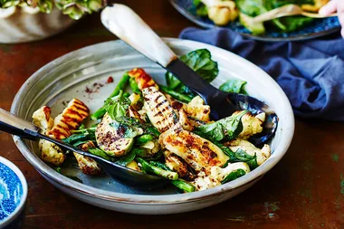 Roasted cauliflower, haloumi and zucchini with tahini dressing