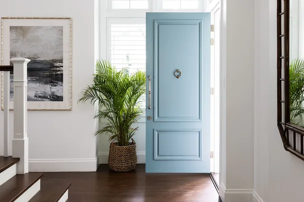 Entryway with a light blue door, potted plant, abstract painting, and dark wood floor.