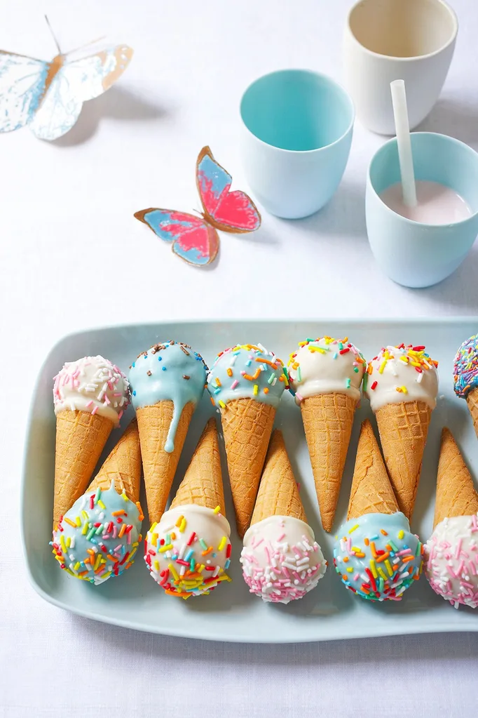 Waffle cone cake pops arranged on a plate