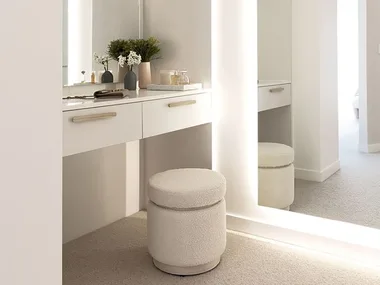 White walk in wardrobe with dressing table
