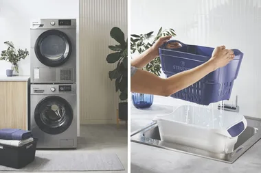 Two images: stacked washer and dryer on the left; blue basket draining water into a tub in a sink on the right.