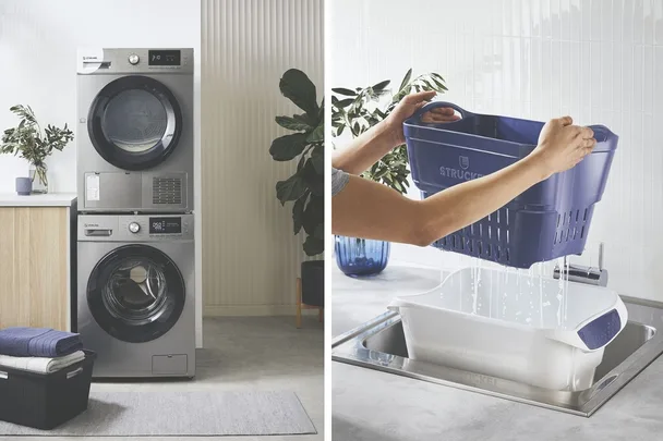 Two images: stacked washer and dryer on the left; blue basket draining water into a tub in a sink on the right.