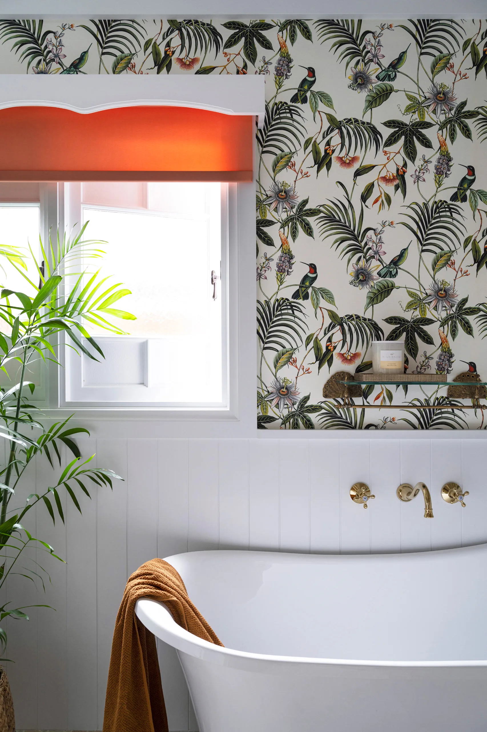 Country style bathroom with wallpaper