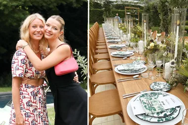 Two women smiling and hugging on the left; a long, elegantly set dining table outdoors on the right.